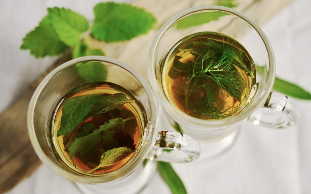 Cups of herbal tea with fresh mint and sage
