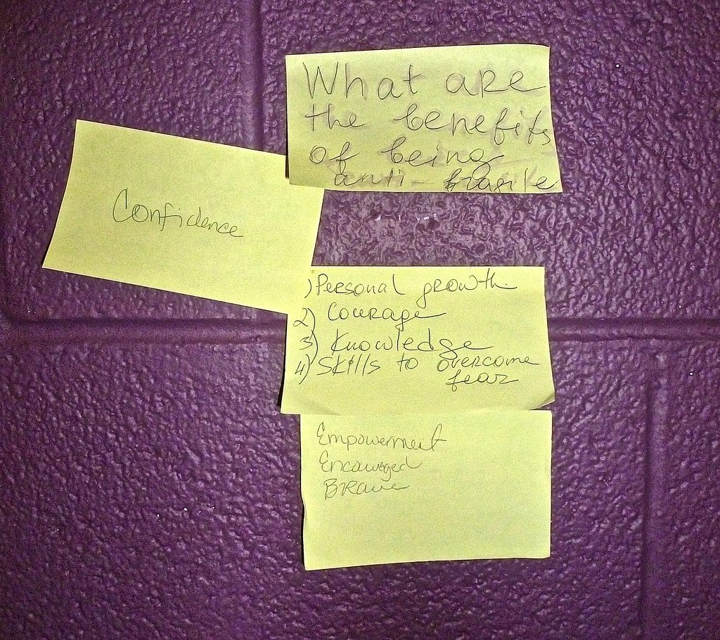Yellow sticky notes with handwritten notes on a purple wall
